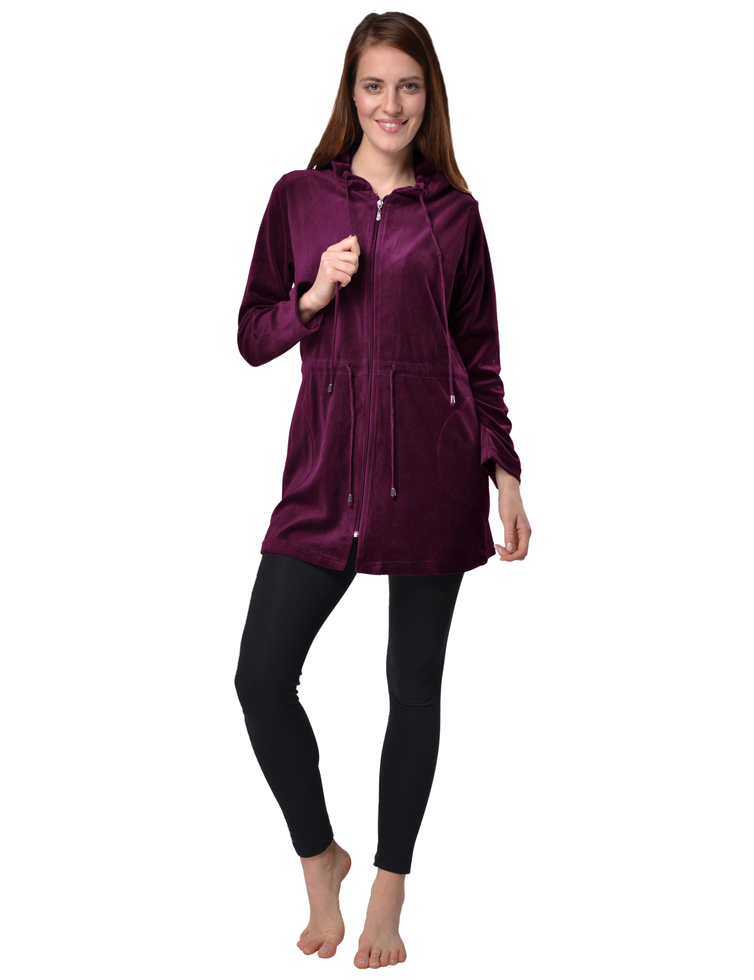 RAIKOU Damen Nicki Velour Kurzer Bademantel/Morgenmantel/Saunamantel mit Reißverschluss mit Hohem Baumwollanteil Kapuzenjacke Hoodie Zipper Jacket