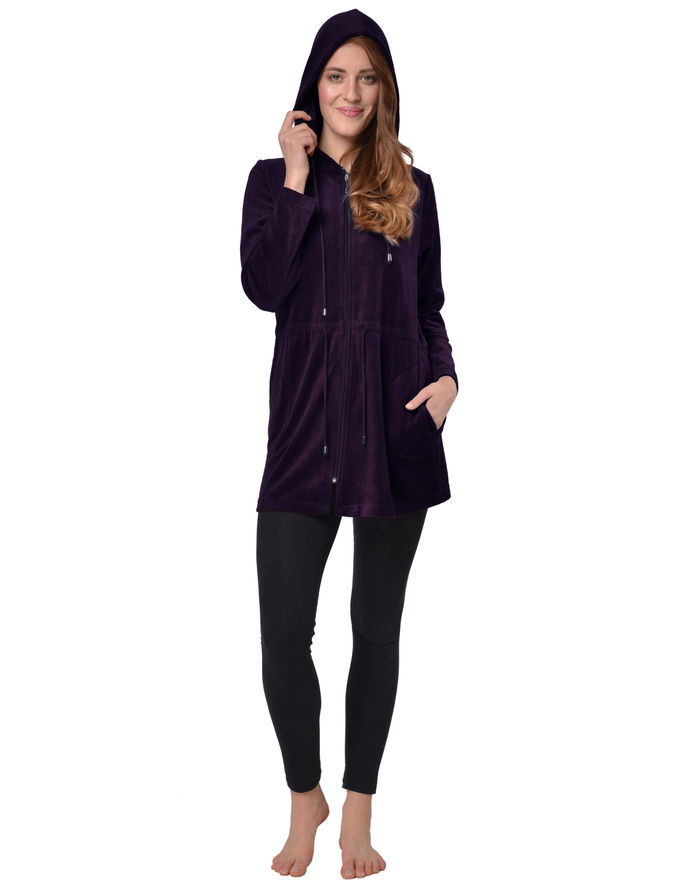 RAIKOU Damen Nicki Velour Kurzer Bademantel/Morgenmantel/Saunamantel mit Reißverschluss mit Hohem Baumwollanteil Kapuzenjacke Hoodie Zipper Jacket