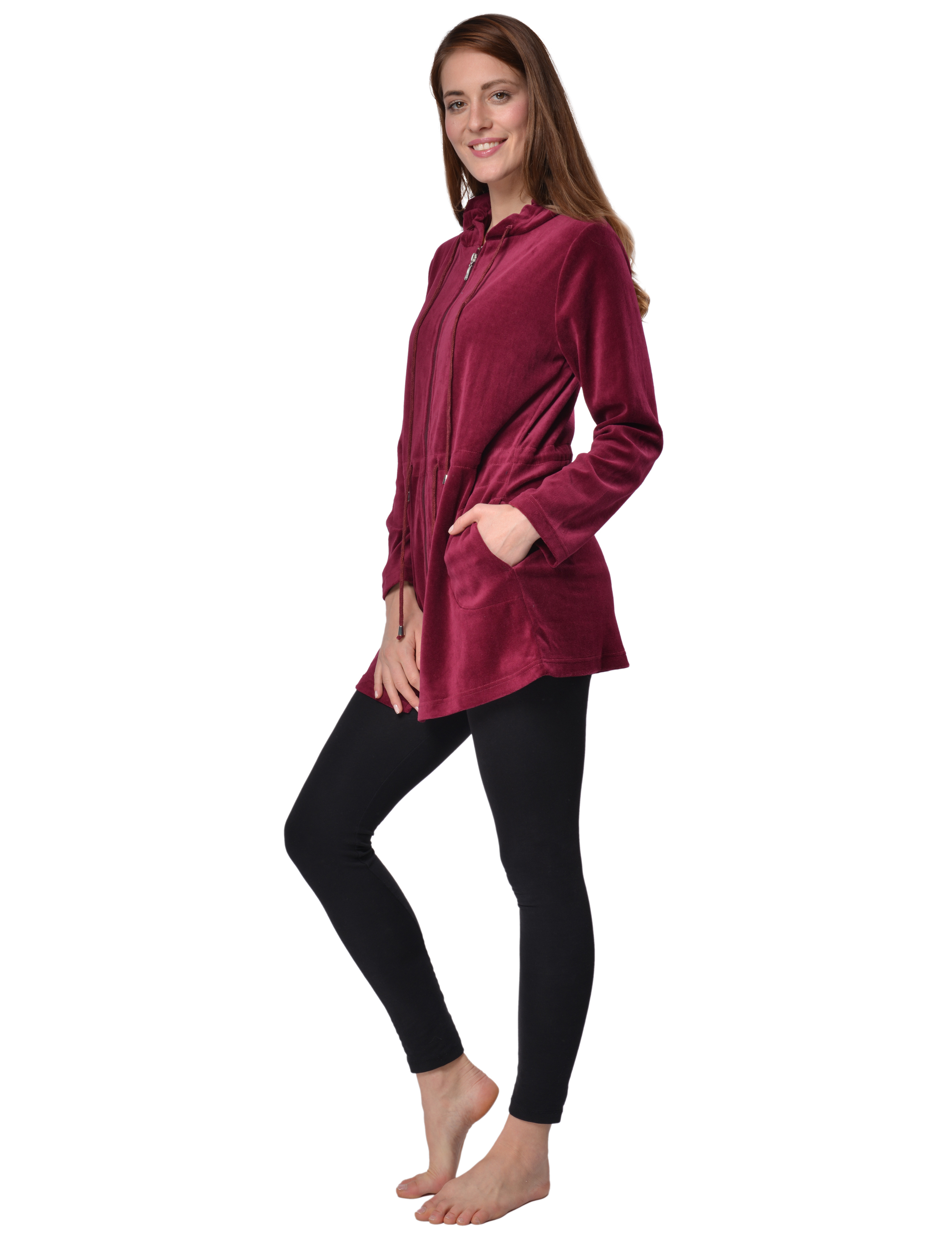 RAIKOU Damen Nicki Velour Kurzer Bademantel/Morgenmantel/Saunamantel mit Reißverschluss mit Hohem Baumwollanteil Kapuzenjacke Hoodie Zipper Jacket