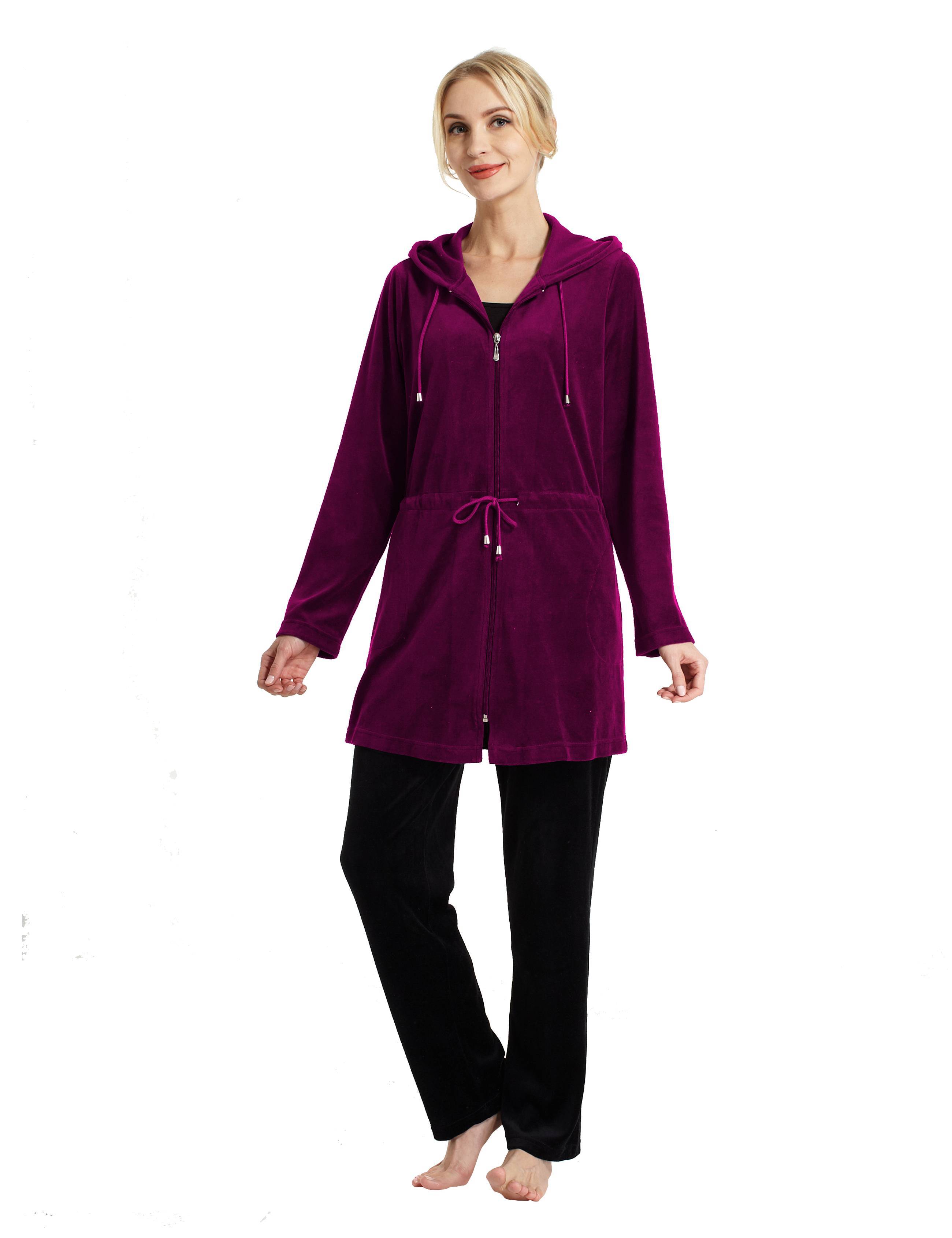 RAIKOU Damen Nicki Velour Kurzer Bademantel/Morgenmantel/Saunamantel mit Reißverschluss mit Hohem Baumwollanteil Kapuzenjacke Hoodie Zipper Jacket