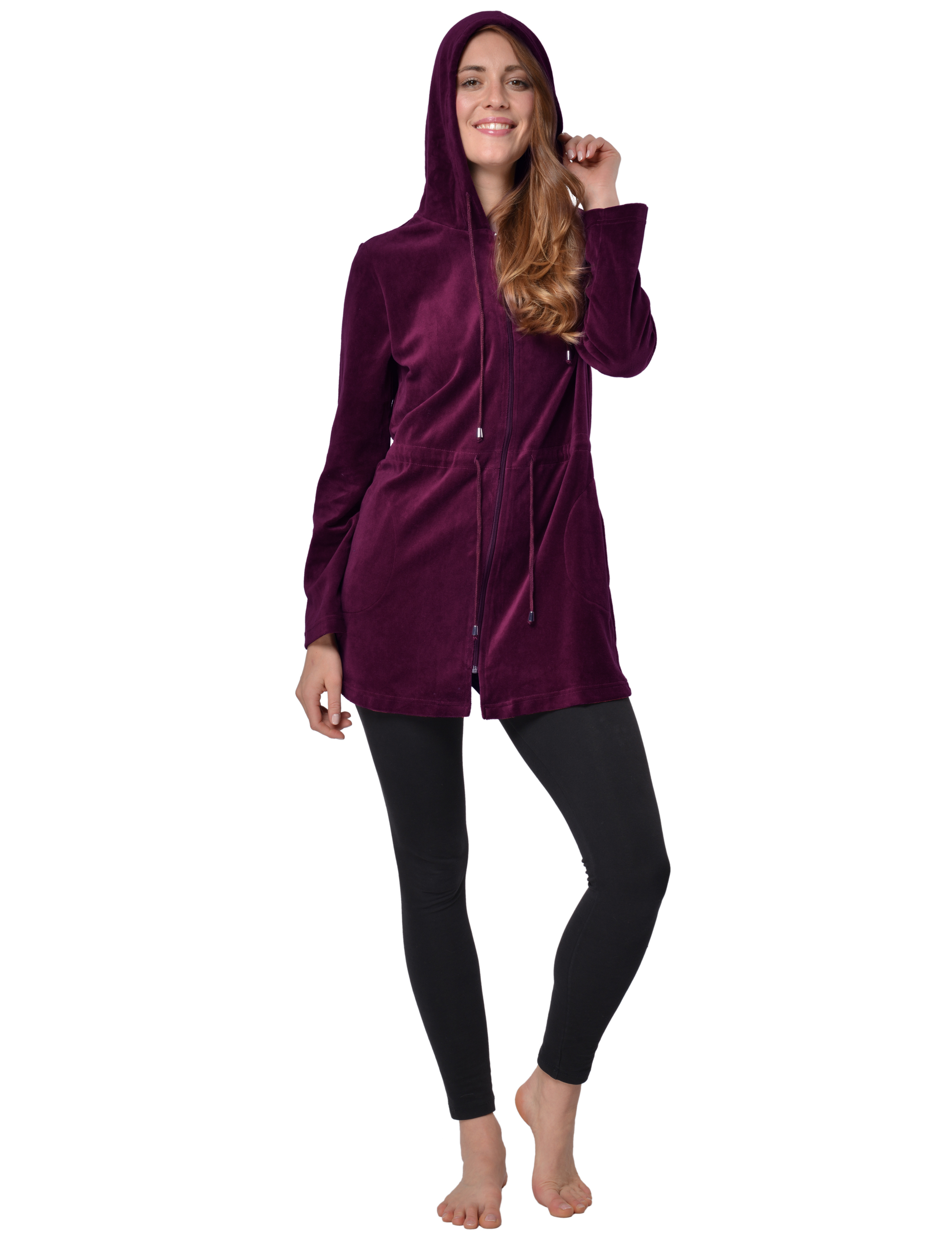 RAIKOU Damen Nicki Velour Kurzer Bademantel/Morgenmantel/Saunamantel mit Reißverschluss mit Hohem Baumwollanteil Kapuzenjacke Hoodie Zipper Jacket