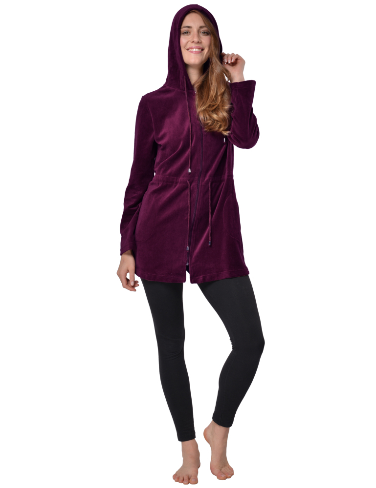 RAIKOU Damen Nicki Velour Kurzer Bademantel/Morgenmantel/Saunamantel mit Reißverschluss mit Hohem Baumwollanteil Kapuzenjacke Hoodie Zipper Jacket
