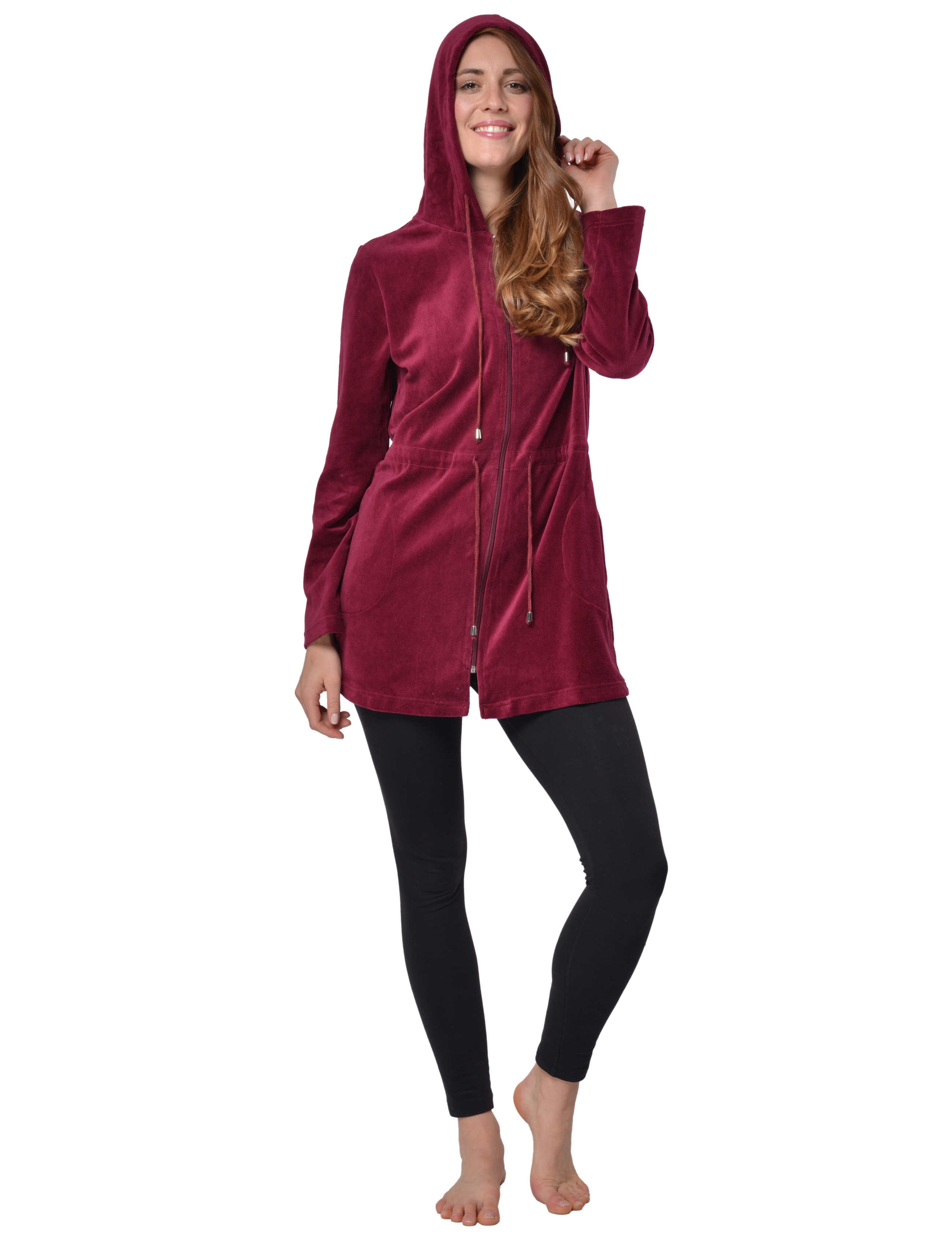 RAIKOU Damen Nicki Velour Kurzer Bademantel/Morgenmantel/Saunamantel mit Reißverschluss mit Hohem Baumwollanteil Kapuzenjacke Hoodie Zipper Jacket