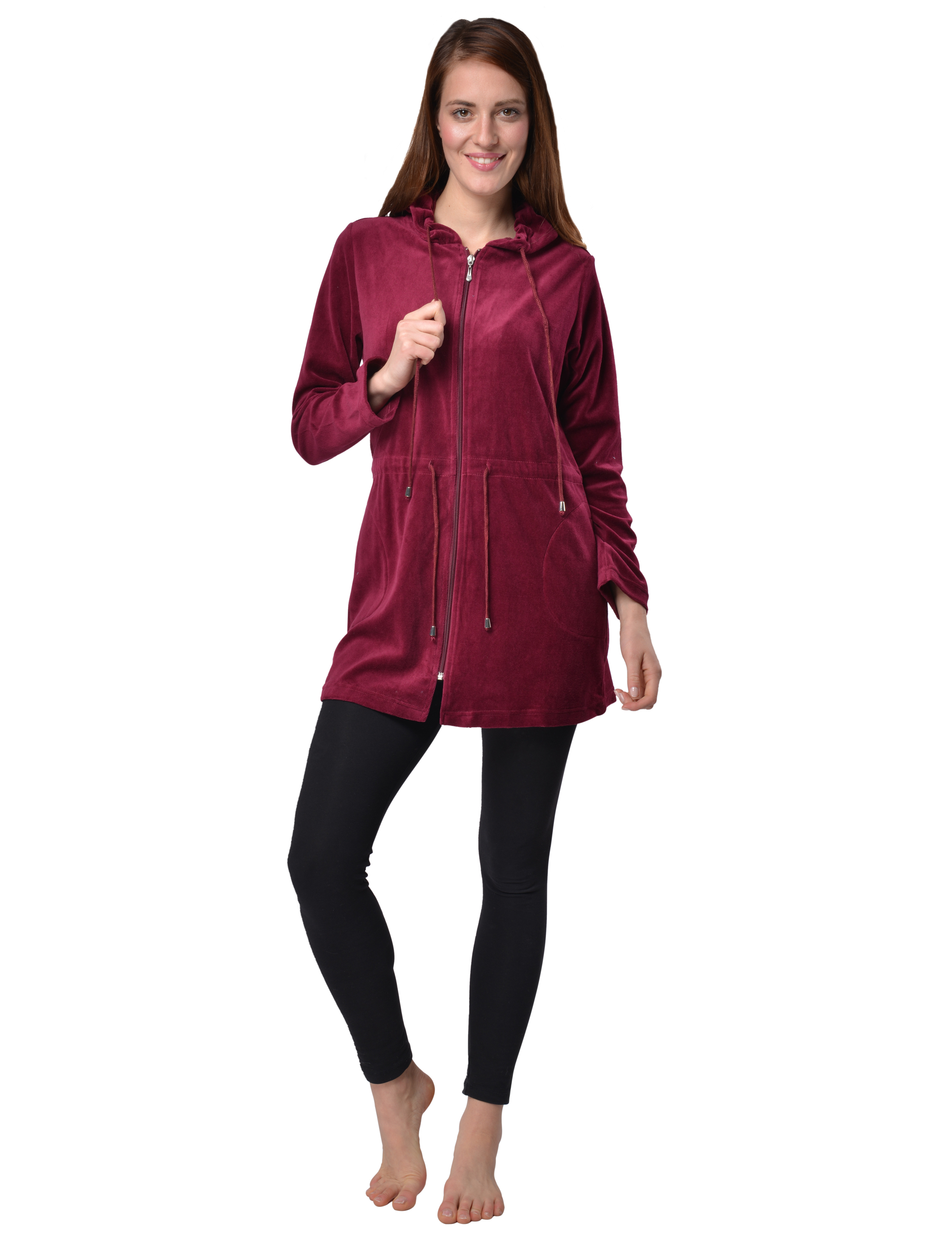 RAIKOU Damen Nicki Velour Kurzer Bademantel/Morgenmantel/Saunamantel mit Reißverschluss mit Hohem Baumwollanteil Kapuzenjacke Hoodie Zipper Jacket