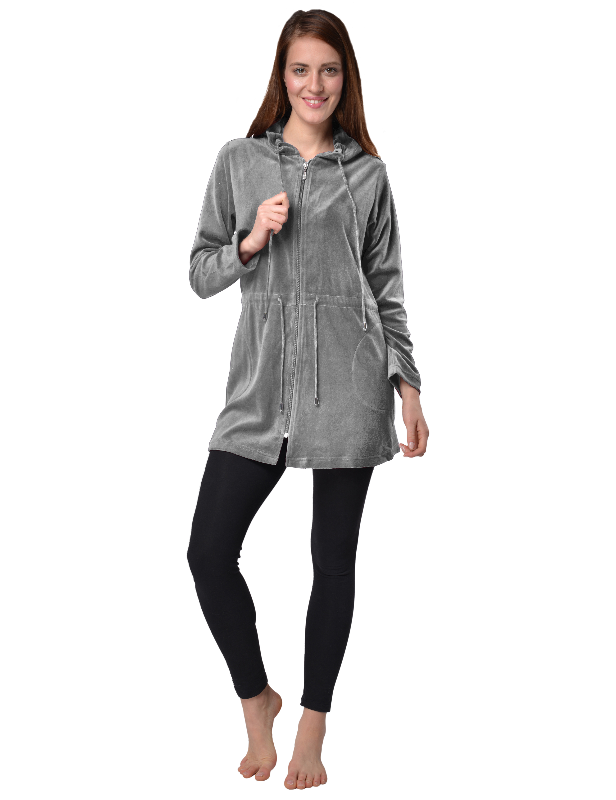 RAIKOU Damen Nicki Velour Kurzer Bademantel/Morgenmantel/Saunamantel mit Reißverschluss mit Hohem Baumwollanteil Kapuzenjacke Hoodie Zipper Jacket