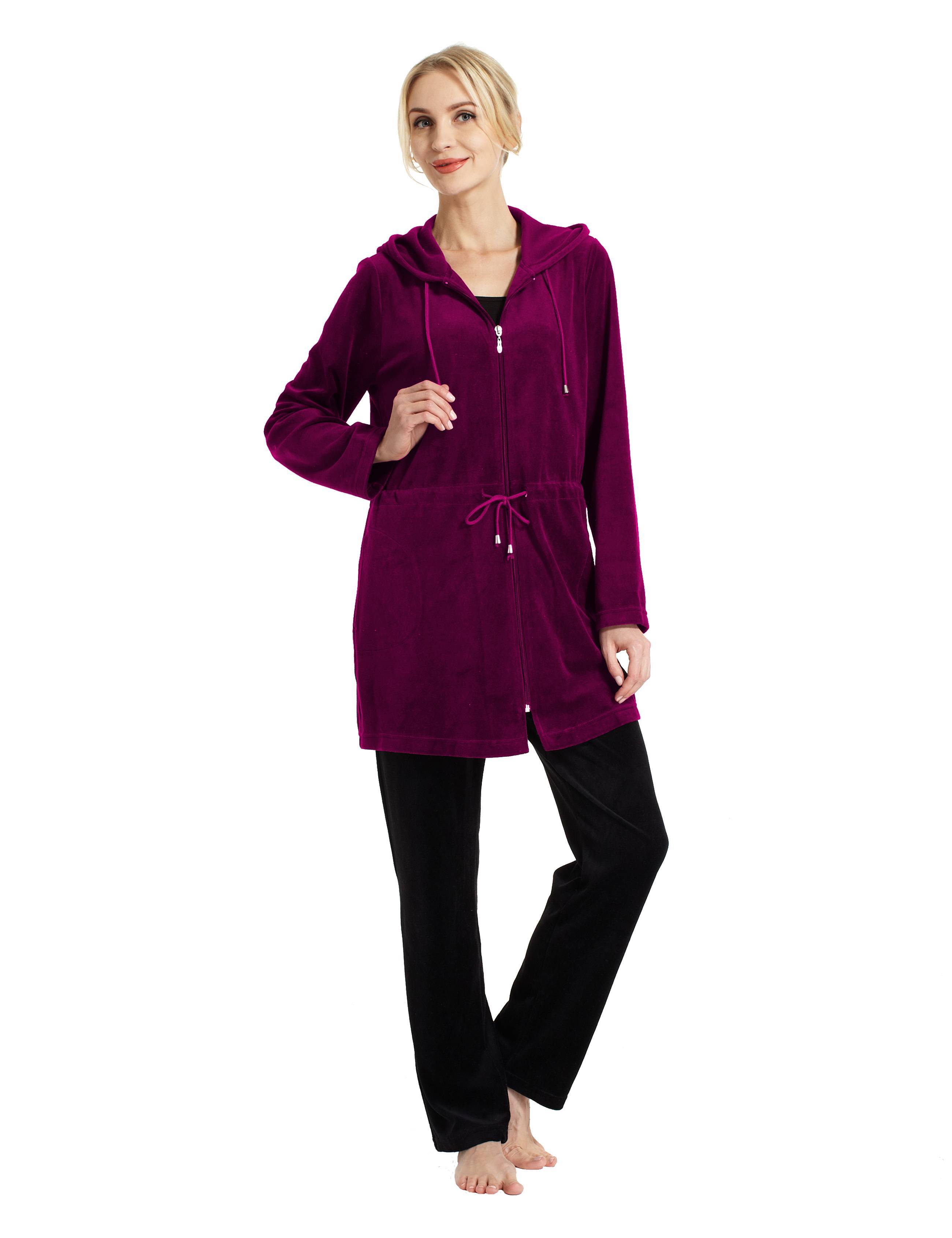 RAIKOU Damen Nicki Velour Kurzer Bademantel/Morgenmantel/Saunamantel mit Reißverschluss mit Hohem Baumwollanteil Kapuzenjacke Hoodie Zipper Jacket