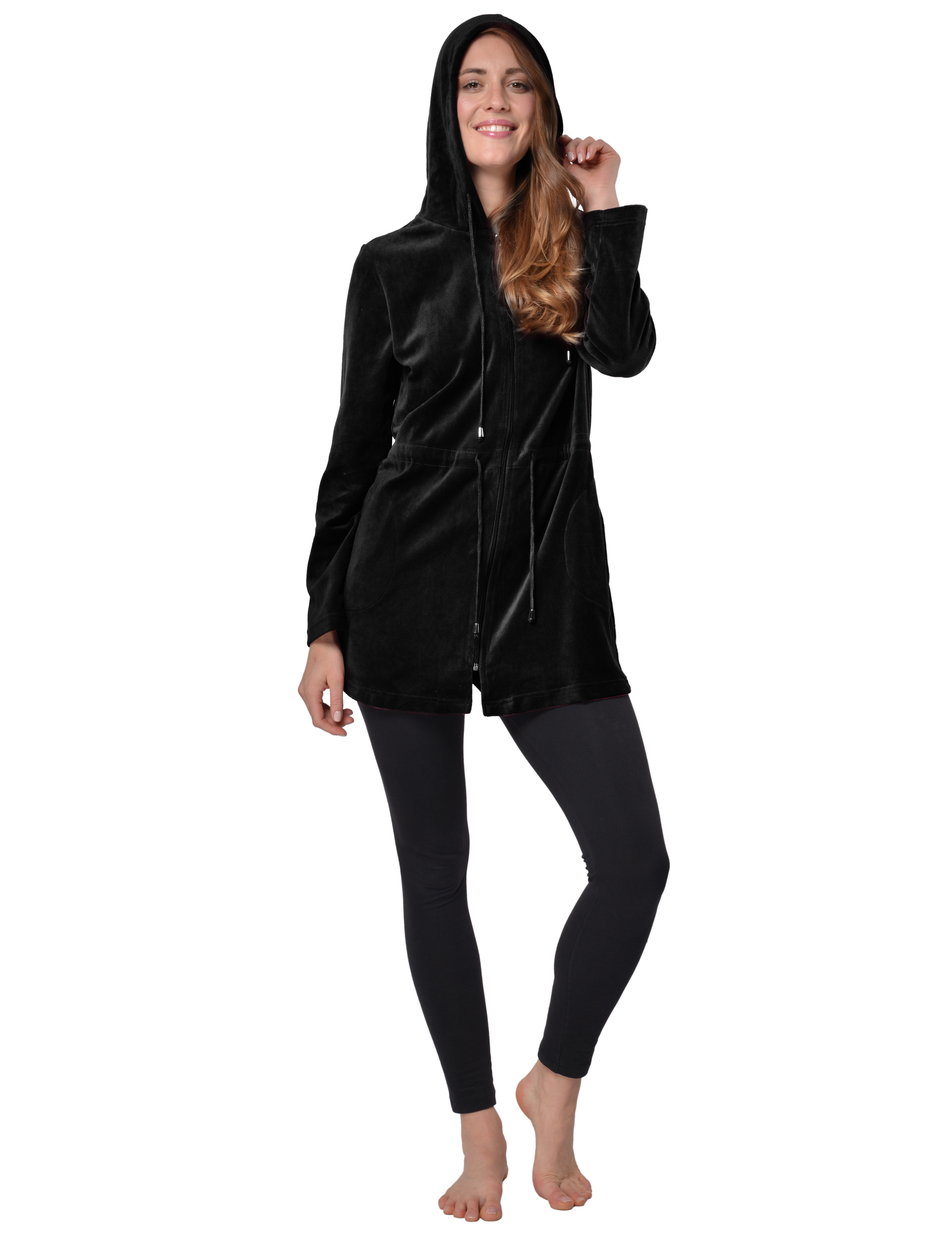 RAIKOU Damen Nicki Velour Kurzer Bademantel/Morgenmantel/Saunamantel mit Reißverschluss mit Hohem Baumwollanteil Kapuzenjacke Hoodie Zipper Jacket