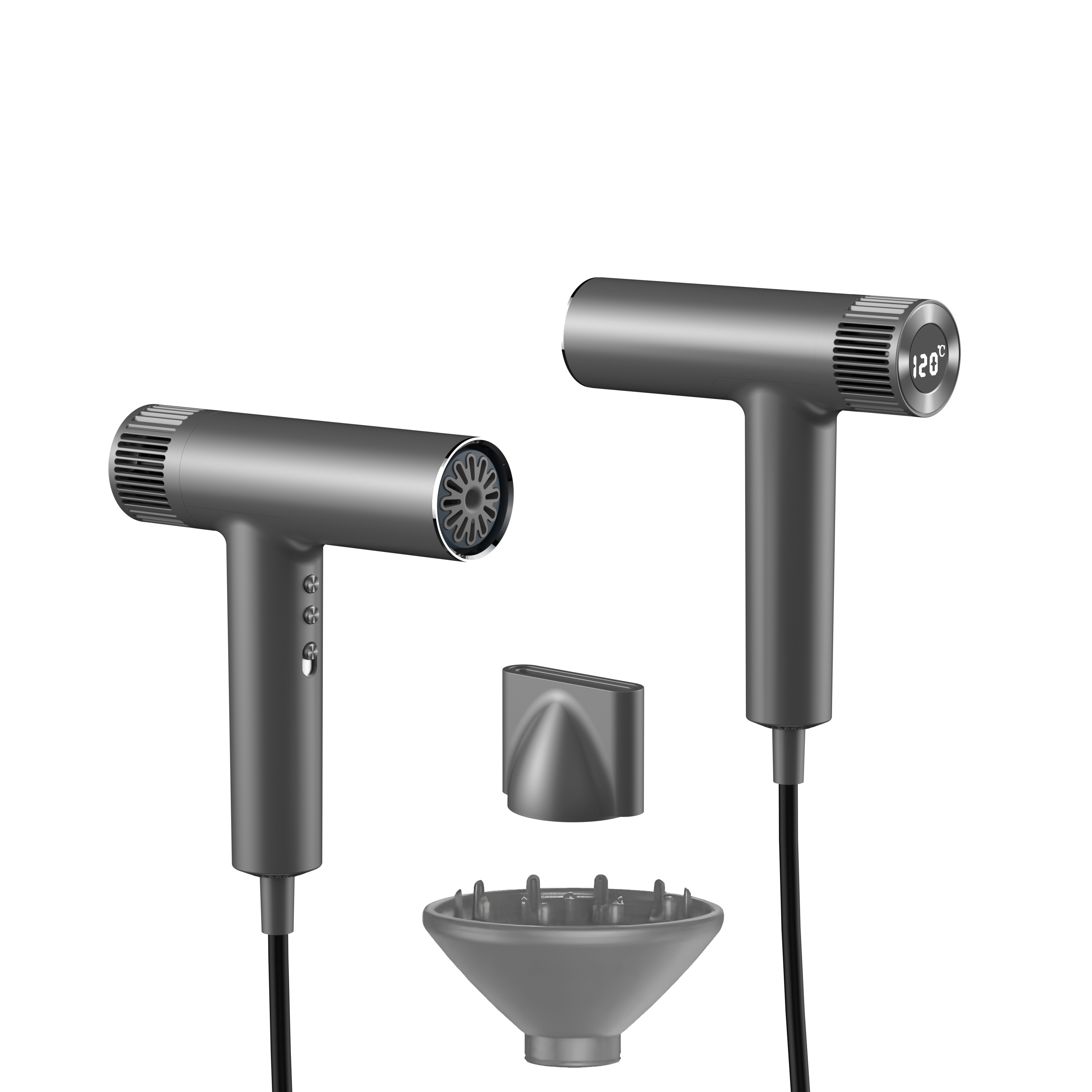 Hochgeschwindigkeits-Ionen-Haartrockner mit 1500 W – 105.000-U/min-Motor, 60 m/s Luftstrom, 300 Millionen negative Ionen, LED-Display, Aluminiumgehäuse, leicht & leise – Weiß/Grau