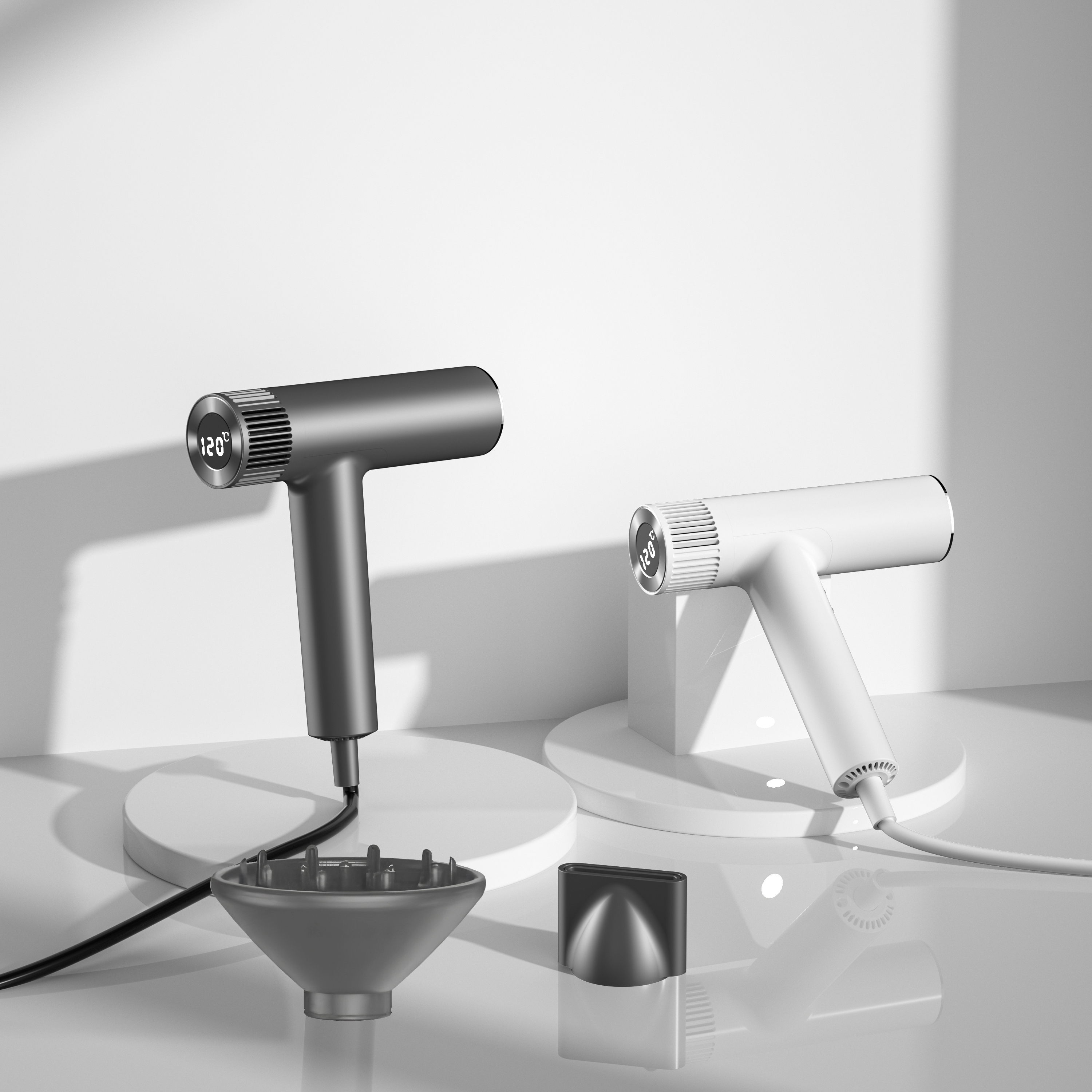 Hochgeschwindigkeits-Ionen-Haartrockner mit 1500 W – 105.000-U/min-Motor, 60 m/s Luftstrom, 300 Millionen negative Ionen, LED-Display, Aluminiumgehäuse, leicht & leise – Weiß/Grau