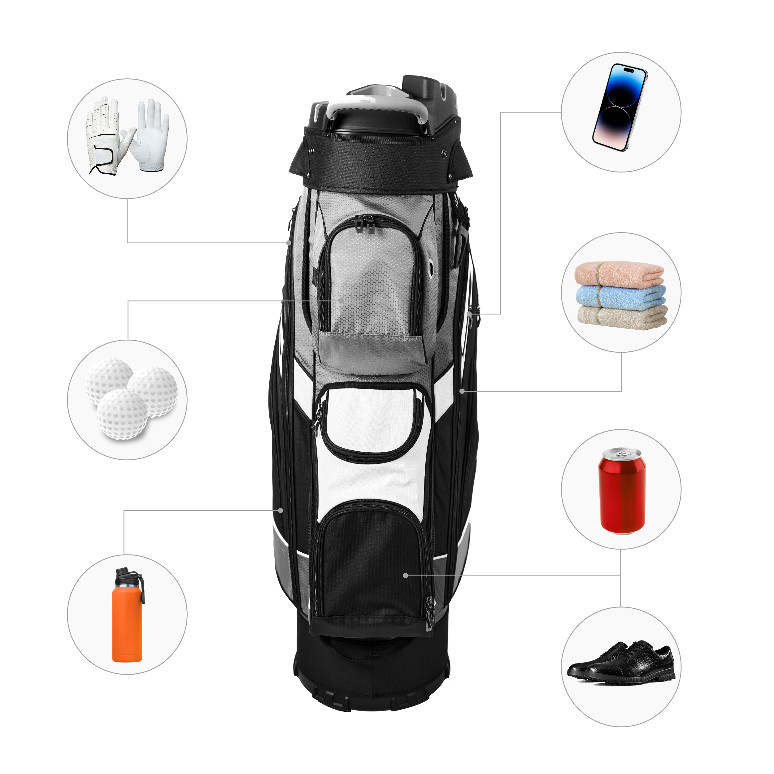 RAIKOU Golf Cartbag mit 14-fach Organizer, wasserabweisende Golftasche, 9 Taschen, Schuhfach, leicht & stabil, Grau/Schwarz/Weiß