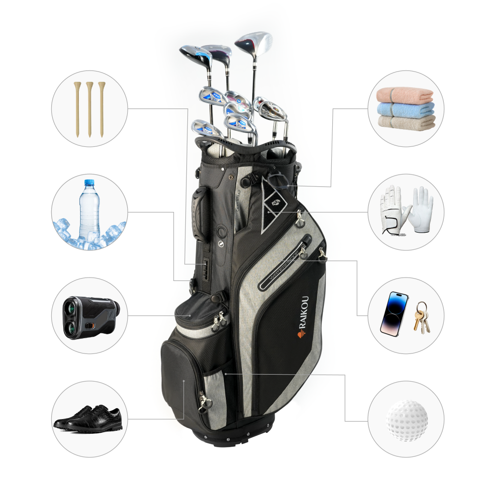RAIKOU Golf Standbag mit 14-fach Organizer, wasserabweisende Golftasche, 9 Taschen, Schuhfach, leicht & stabil, Grau/Blau