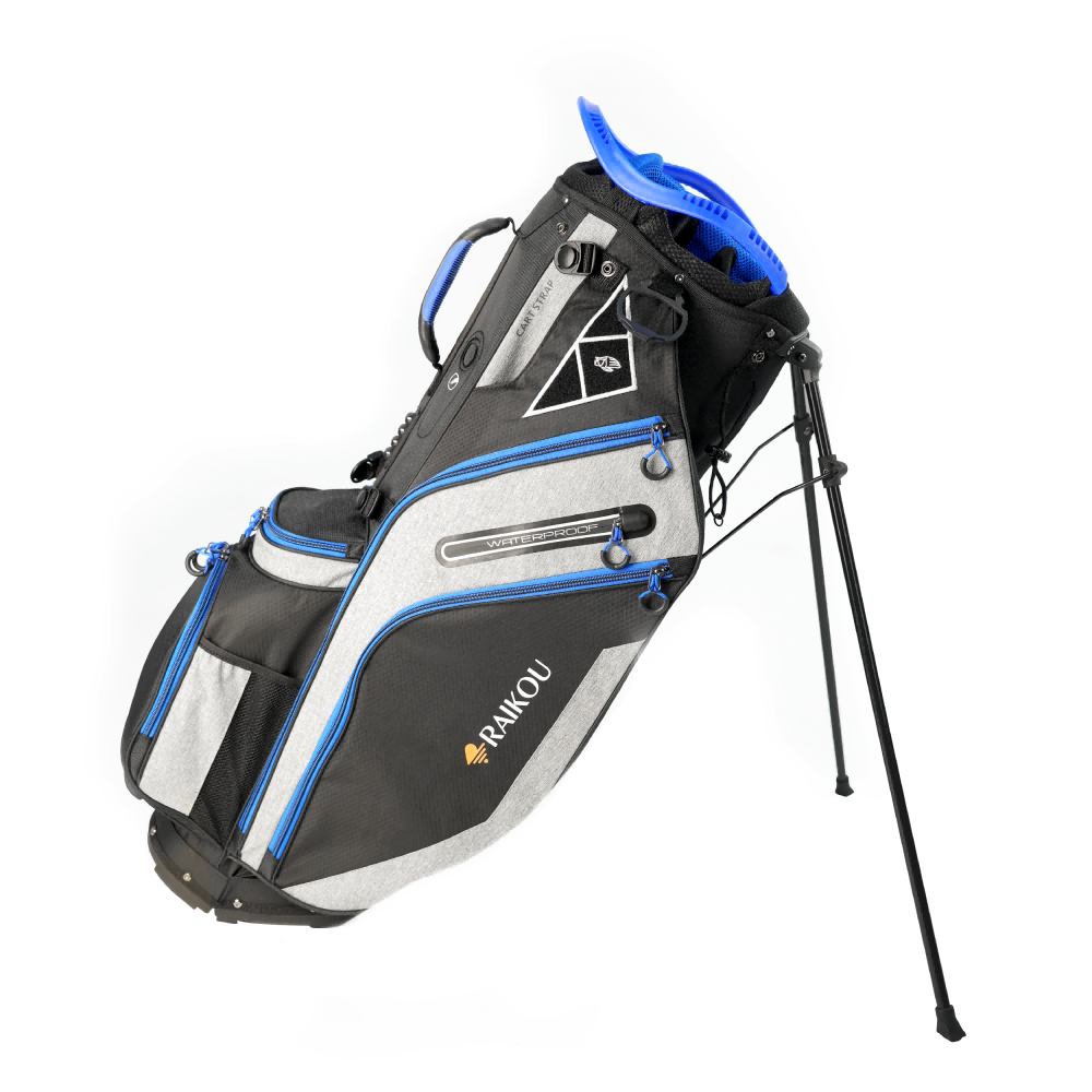 RAIKOU Golf Standbag mit 14-fach Organizer, wasserabweisende Golftasche, 9 Taschen, Schuhfach, leicht & stabil, Grau/Blau