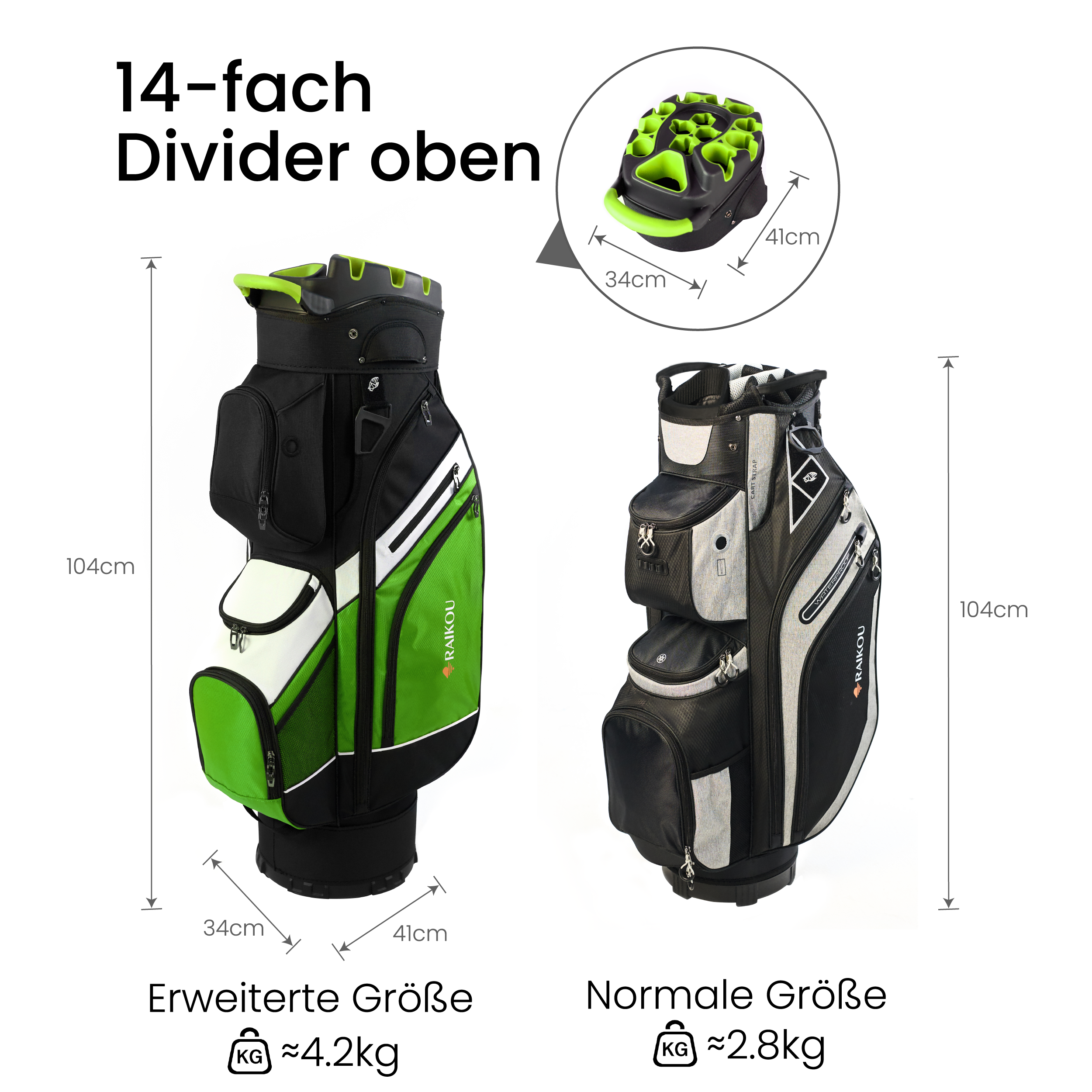 RAIKOU Golf Cartbag mit 14-fach Organizer, wasserabweisende Golftasche, 9 Taschen, Schuhfach, leicht & stabil, Grau/Schwarz/Weiß