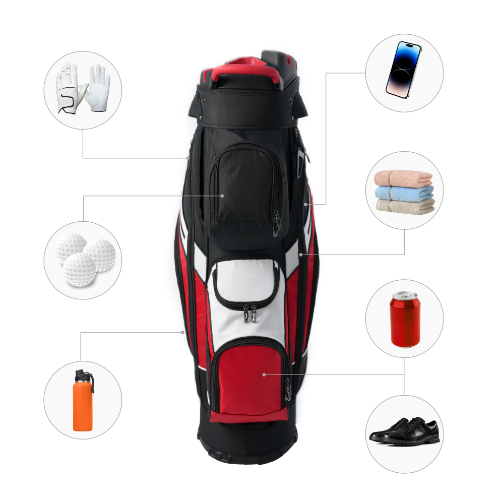 RAIKOU Golf Cartbag mit 14-fach Organizer, wasserabweisende Golftasche, 9 Taschen, Schuhfach, leicht & stabil, Grau/Schwarz/Weiß