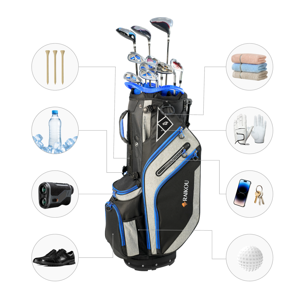 RAIKOU Golf Standbag mit 14-fach Organizer, wasserabweisende Golftasche, 9 Taschen, Schuhfach, leicht & stabil, Grau/Blau