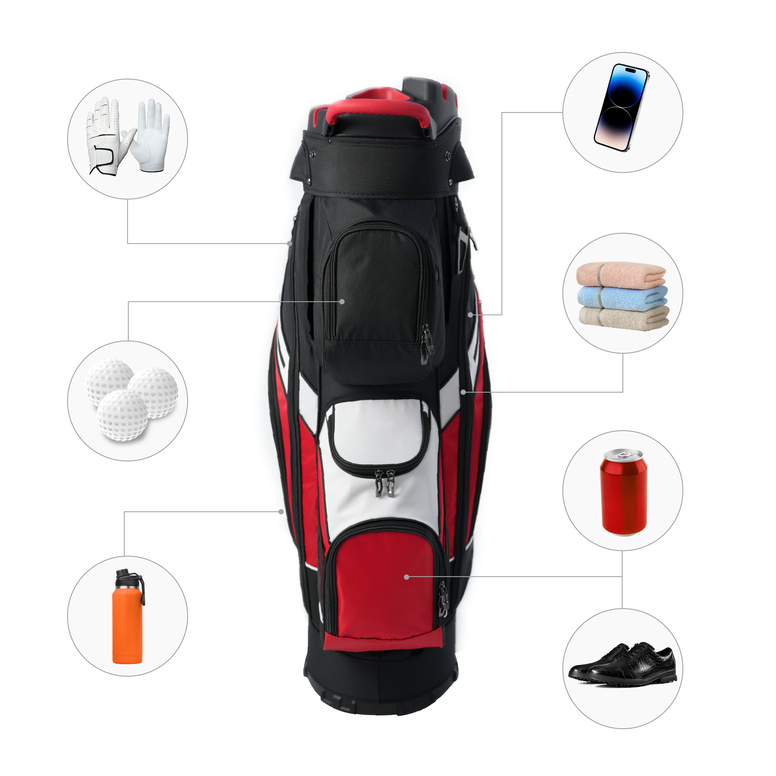 RAIKOU Golf Cartbag mit 14-fach Organizer, wasserabweisende Golftasche, 9 Taschen, Schuhfach, leicht & stabil, Grau/Schwarz/Weiß