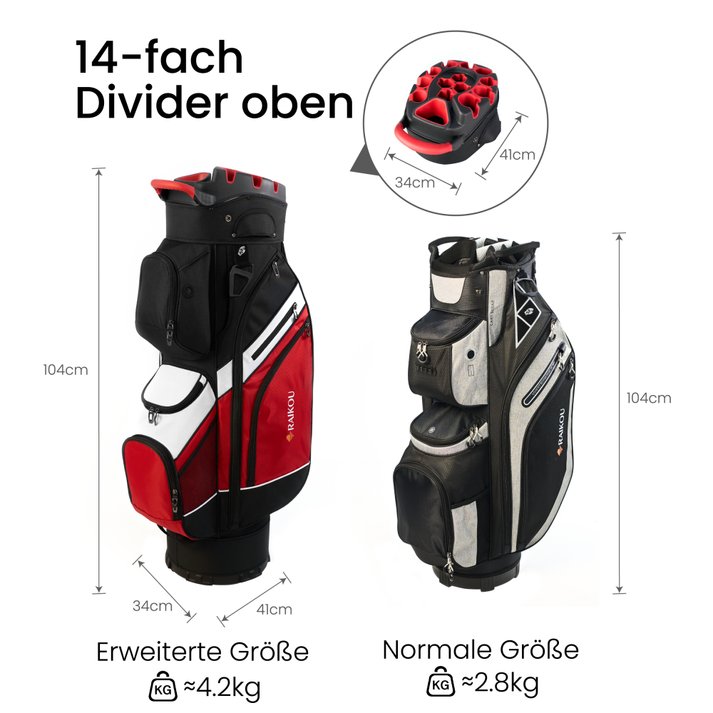RAIKOU Golf Cartbag mit 14-fach Organizer, wasserabweisende Golftasche, 9 Taschen, Schuhfach, leicht & stabil, Grau/Schwarz/Weiß