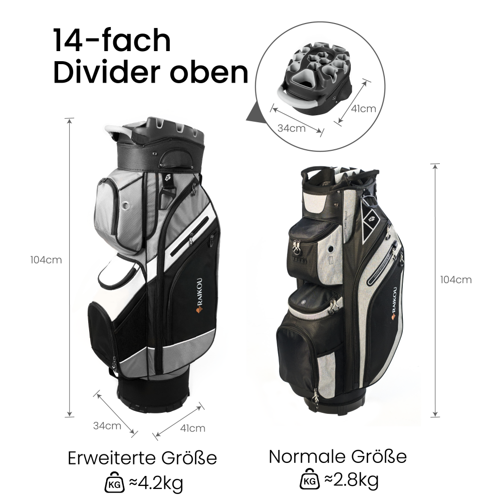 RAIKOU Golf Cartbag mit 14-fach Organizer, wasserabweisende Golftasche, 9 Taschen, Schuhfach, leicht & stabil, Grau/Schwarz/Weiß