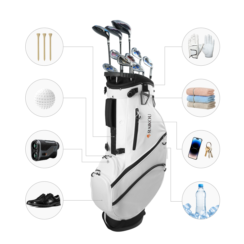 RAIKOU Golf Standbag mit 14-fach Organizer, wasserabweisende Golftasche, 10 Taschen, Schuhfach, leicht & stabil, Schwarz/Weiß