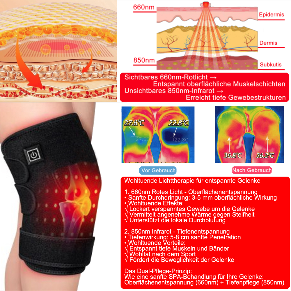 LED Rotlicht-Therapie Gürtel – 660nm & 850nm Infrarotlicht für Schmerzlinderung – Flexibler Lichttherapie-Wrap für Schulter, Knie, Ellbogen & Knöchel – USB-betrieben mit Verlängerungsband