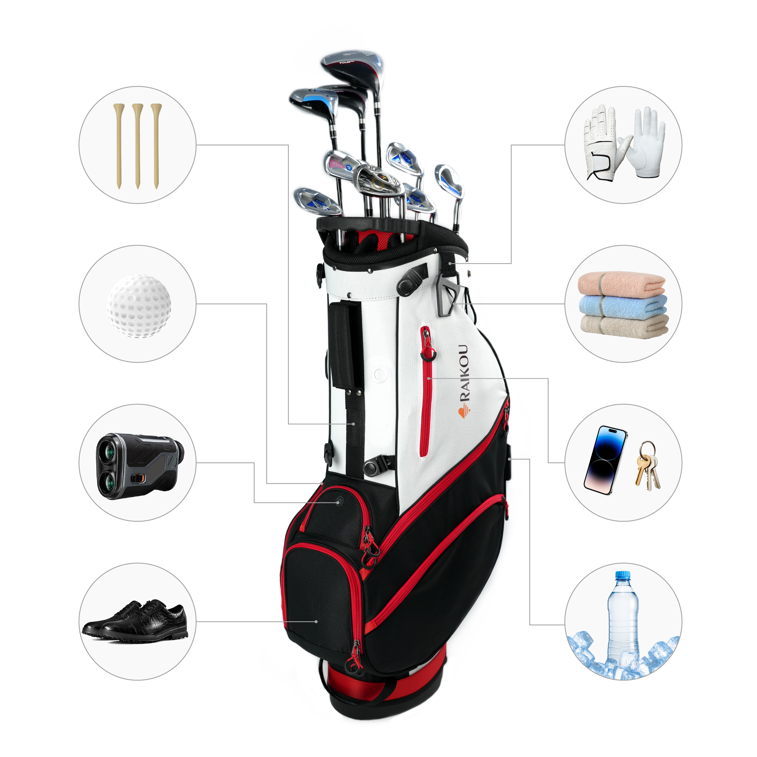 RAIKOU Golf Standbag mit 14-fach Organizer, wasserabweisende Golftasche, 10 Taschen, Schuhfach, leicht & stabil, Schwarz/Weiß