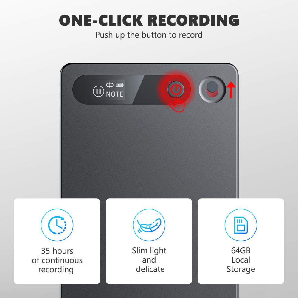 KI Digitales, 64GB, App-Steuerung, KI-Transkription und Zusammenfassung, 118 Sprachen, Ultraflach und Leicht, Digitales Diktiergerät, Aufnahmegerät für Meetings, Anrufe, Interviews, Lernen