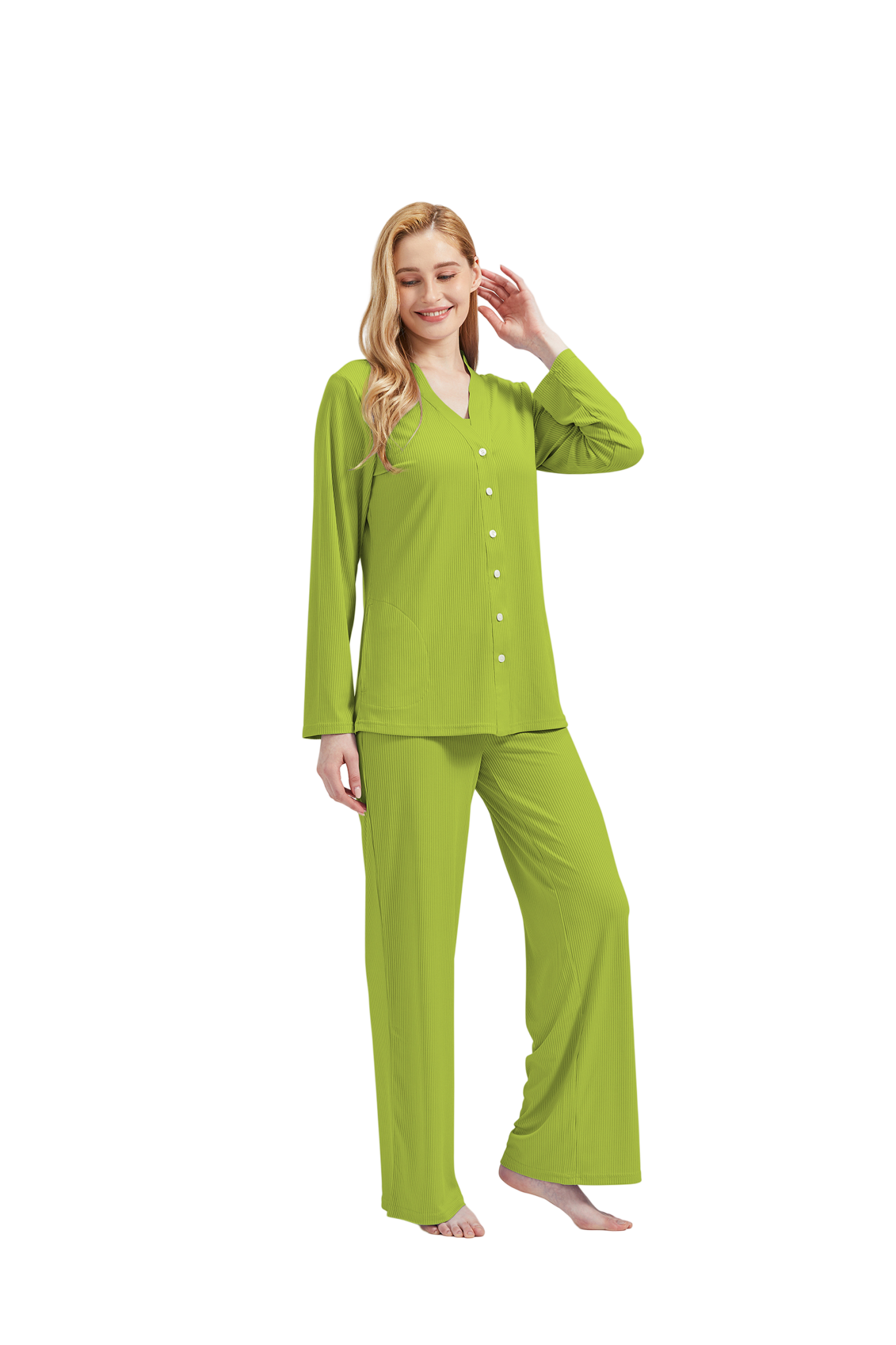 RAIKOU Schlafanzüge Für Damen Lange Schlafanzughose Set Nachtwäsche Hausanzug Freizeitanzug Zweiteiliger V-Ausschnitt Pyjama Set Nachthemd Pyjama Set Nachtwäsche Sleepwear