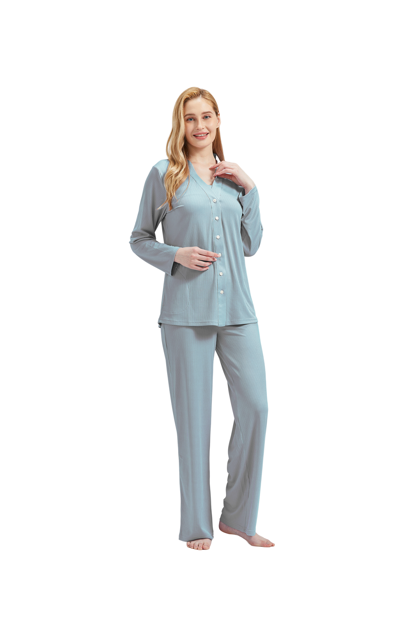 RAIKOU Schlafanzüge Für Damen Lange Schlafanzughose Set Nachtwäsche Hausanzug Freizeitanzug Zweiteiliger V-Ausschnitt Pyjama Set Nachthemd Pyjama Set Nachtwäsche Sleepwear
