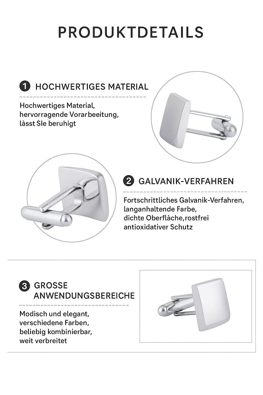 Manschettenknöpfe Quadratisches Design, Edelstahl in Silber/Gold, Glänzend poliert