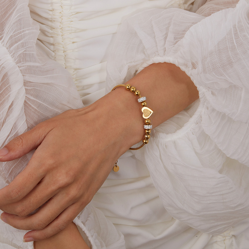 Herz Armband Damen Edelstahl vergoldet – Perlenarmband mit Zirkonia, verstellbar, Geschenk für Frauen