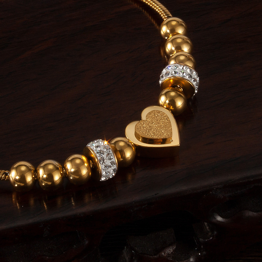 Herz Armband Damen Edelstahl vergoldet – Perlenarmband mit Zirkonia, verstellbar, Geschenk für Frauen
