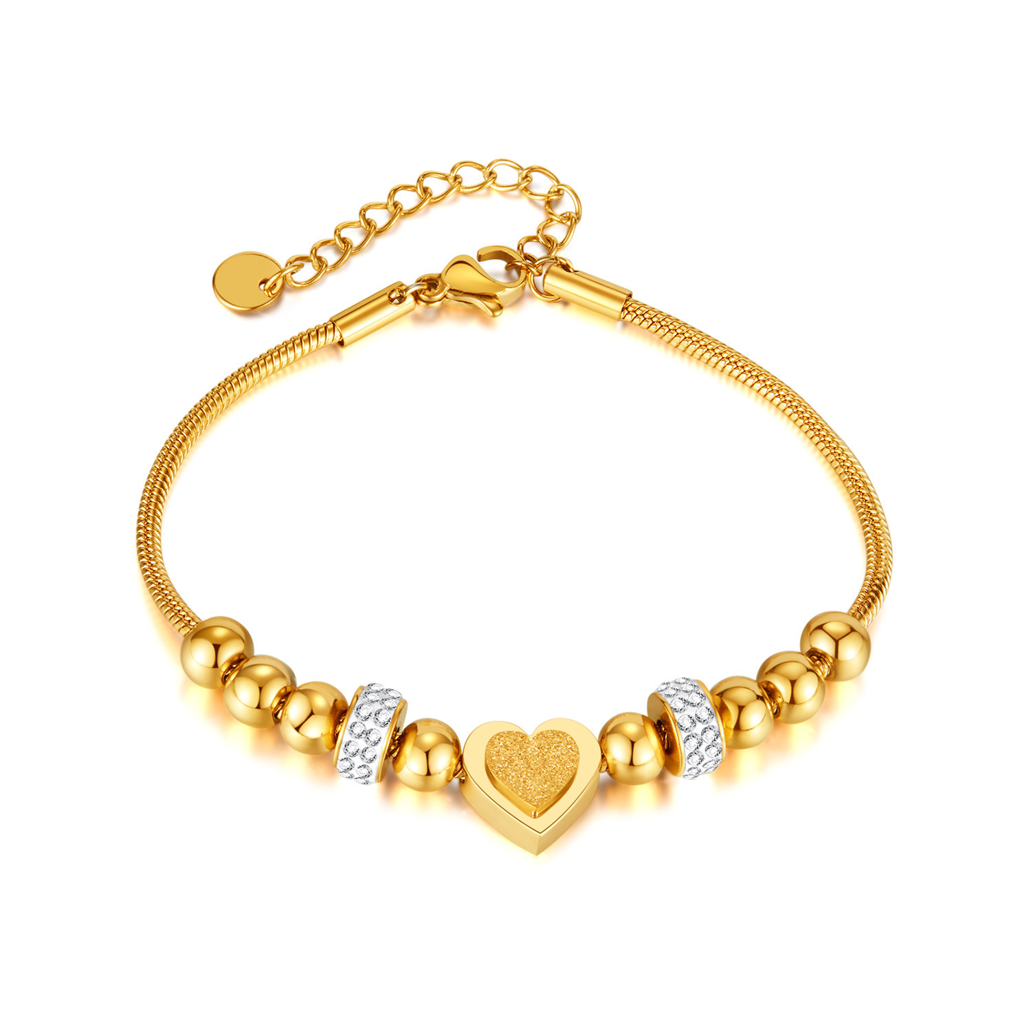 Herz Armband Damen Edelstahl vergoldet – Perlenarmband mit Zirkonia, verstellbar, Geschenk für Frauen
