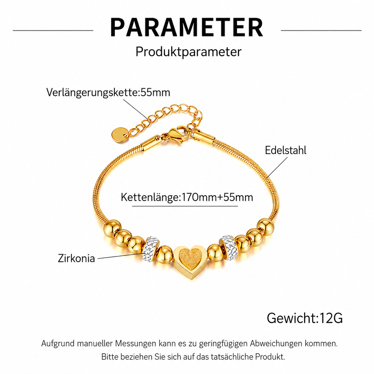 Herz Armband Damen Edelstahl vergoldet – Perlenarmband mit Zirkonia, verstellbar, Geschenk für Frauen