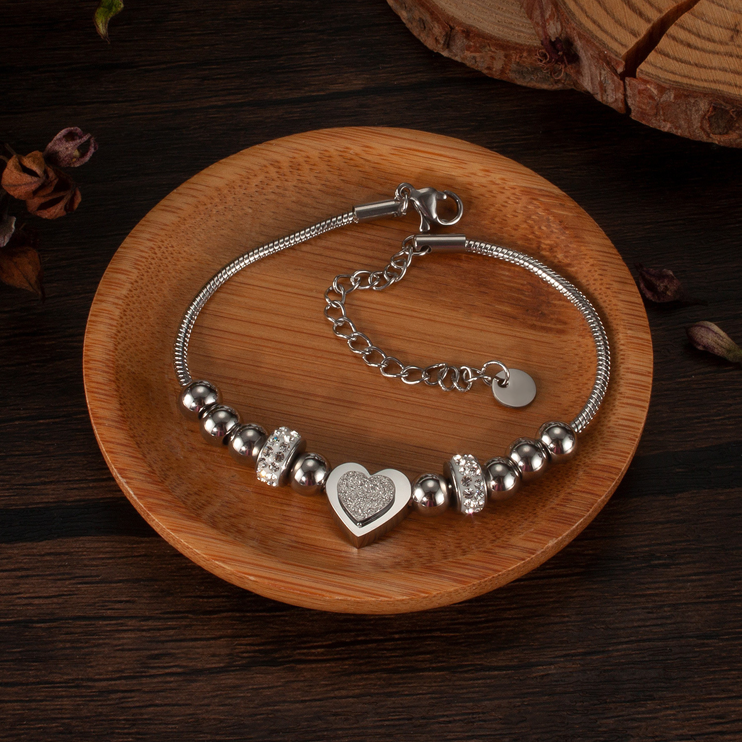 Herz Armband Damen Edelstahl vergoldet – Perlenarmband mit Zirkonia, verstellbar, Geschenk für Frauen
