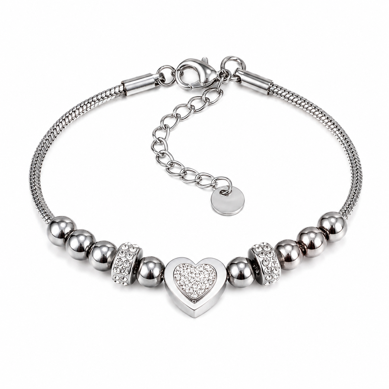 Herz Armband Damen Edelstahl vergoldet – Perlenarmband mit Zirkonia, verstellbar, Geschenk für Frauen