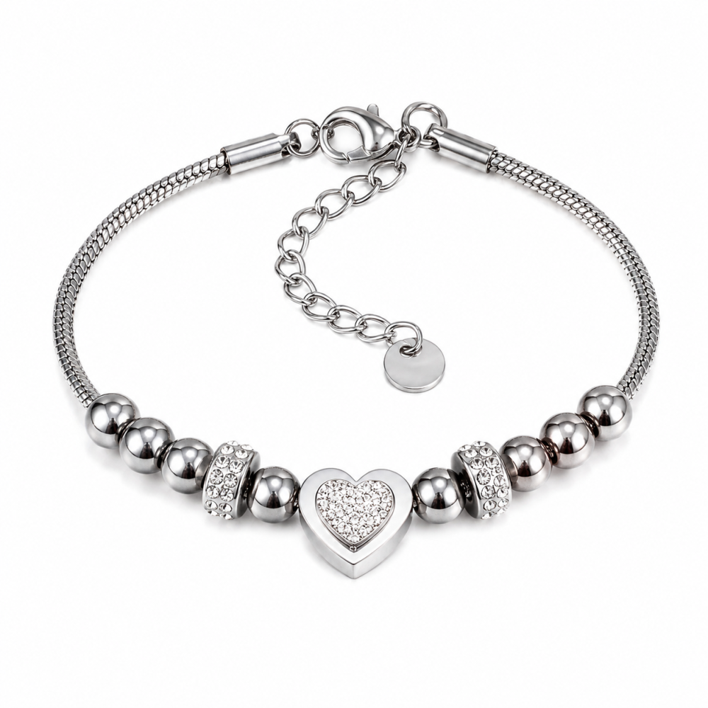 Herz Armband Damen Edelstahl vergoldet – Perlenarmband mit Zirkonia, verstellbar, Geschenk für Frauen