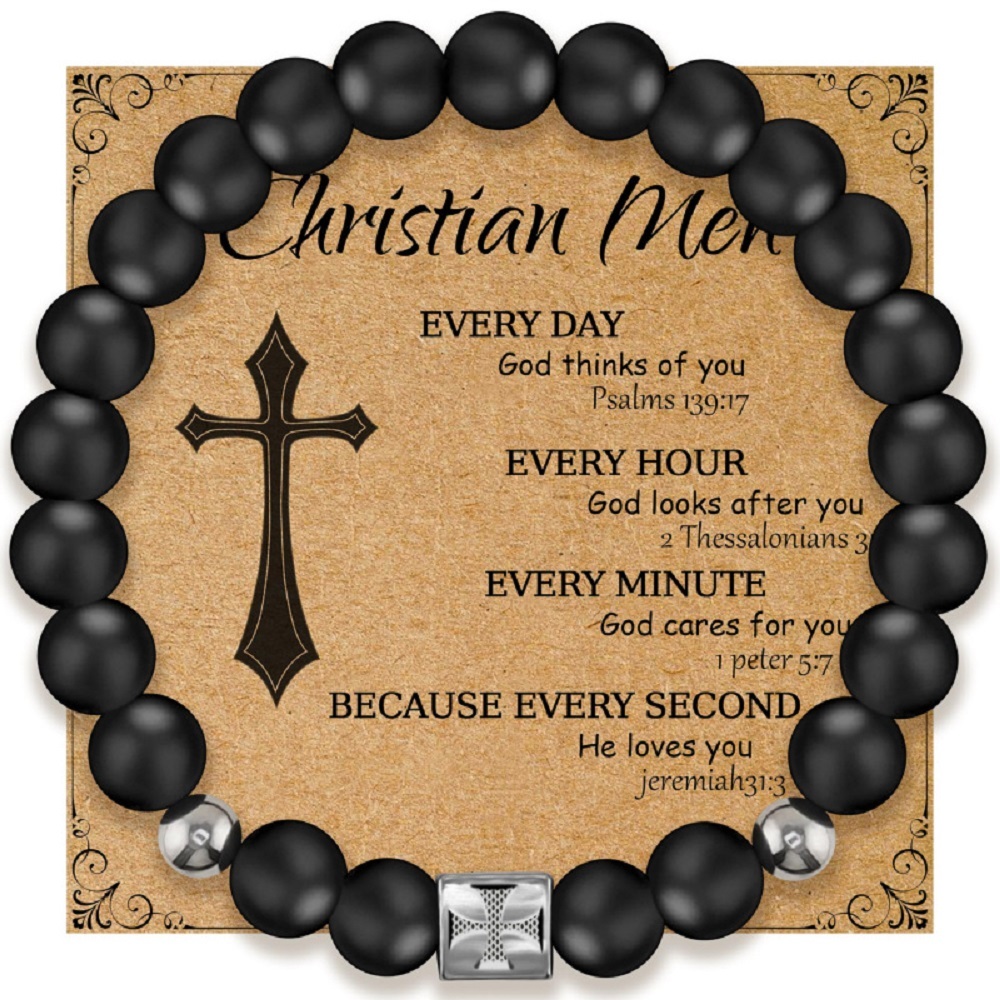 Armband mit Edelstahl-Kreuz – 8mm Matte Onyx Perlen, elastisches Gummiband