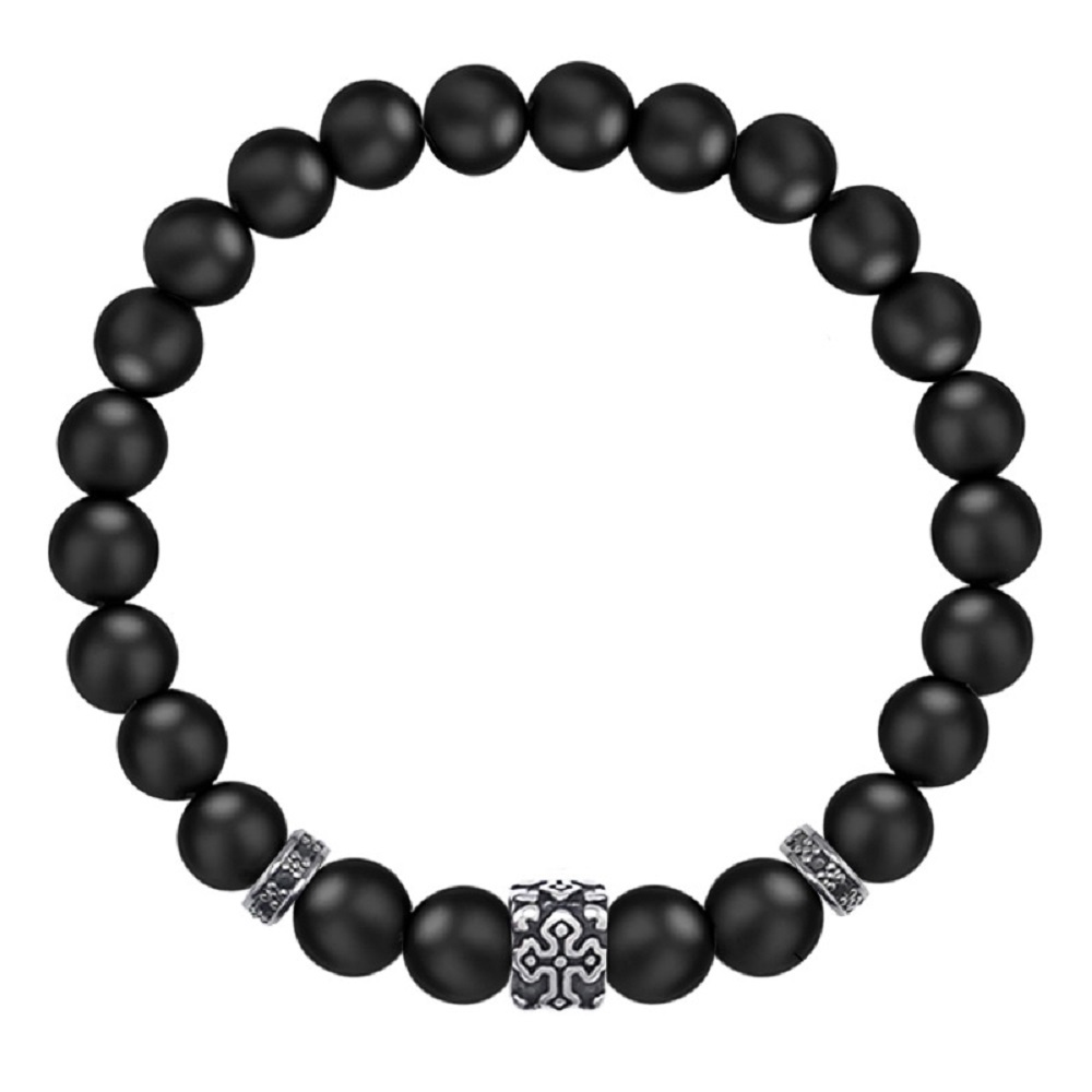 Armband mit Edelstahl-Kreuz – 8mm Matte Onyx Perlen, elastisches Gummiband
