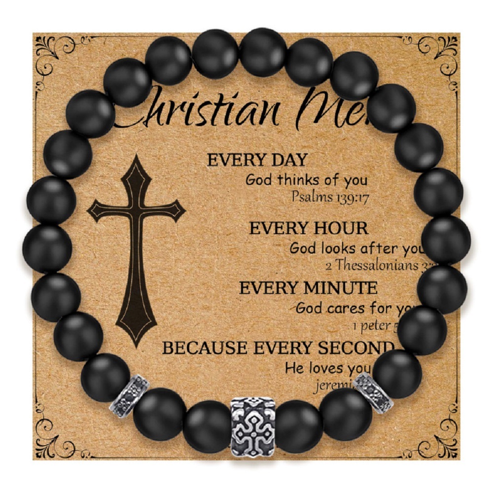 Armband mit Edelstahl-Kreuz – 8mm Matte Onyx Perlen, elastisches Gummiband