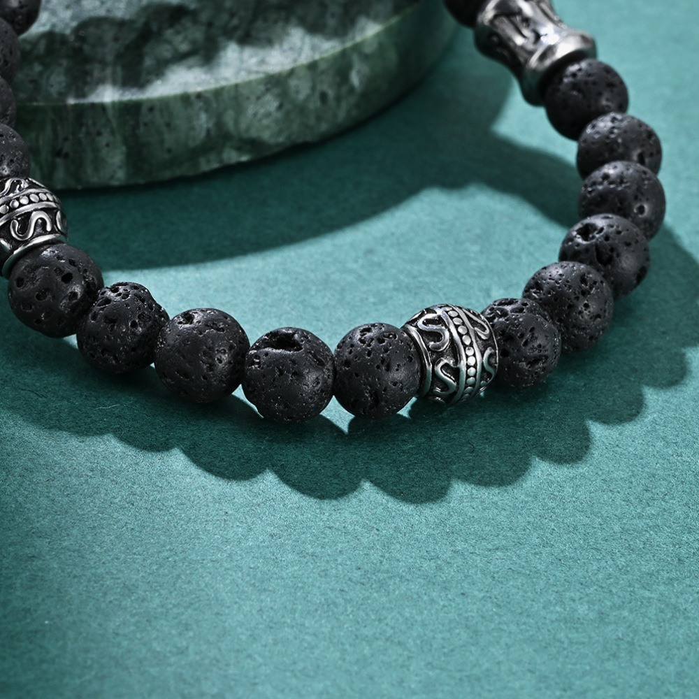 Armband mit Edelstahl-Kreuz – 8mm Matte Onyx Perlen, elastisches Gummiband