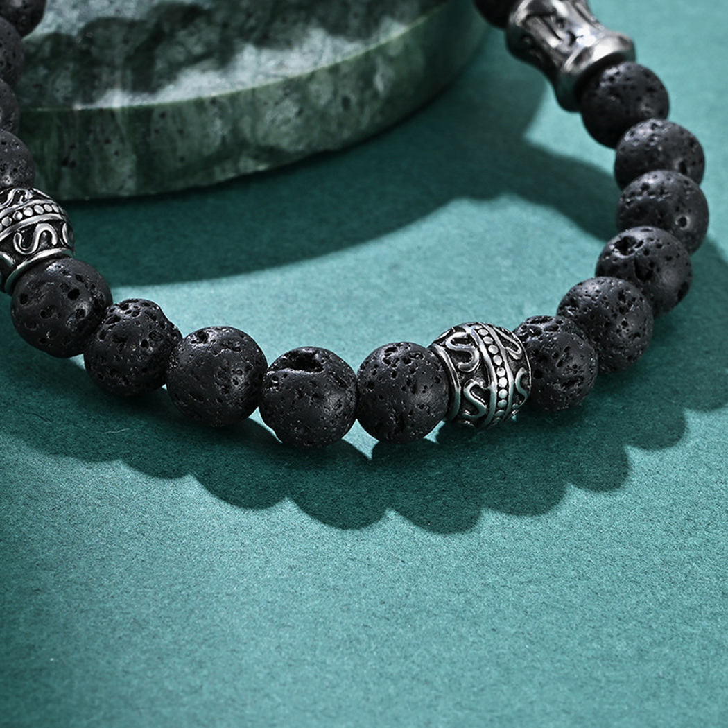 Armband mit Edelstahl-Kreuz – 8mm Matte Onyx Perlen, elastisches Gummiband