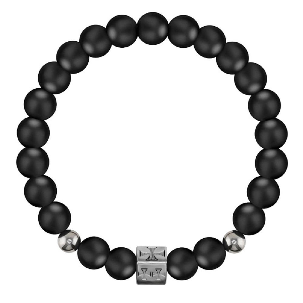 Armband mit Edelstahl-Kreuz – 8mm Matte Onyx Perlen, elastisches Gummiband
