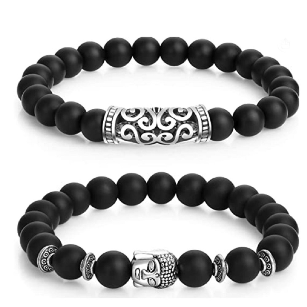 Armband mit Edelstahl-Kreuz – 8mm Matte Onyx Perlen, elastisches Gummiband