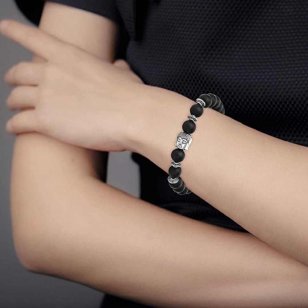 Armband mit Edelstahl-Kreuz – 8mm Matte Onyx Perlen, elastisches Gummiband
