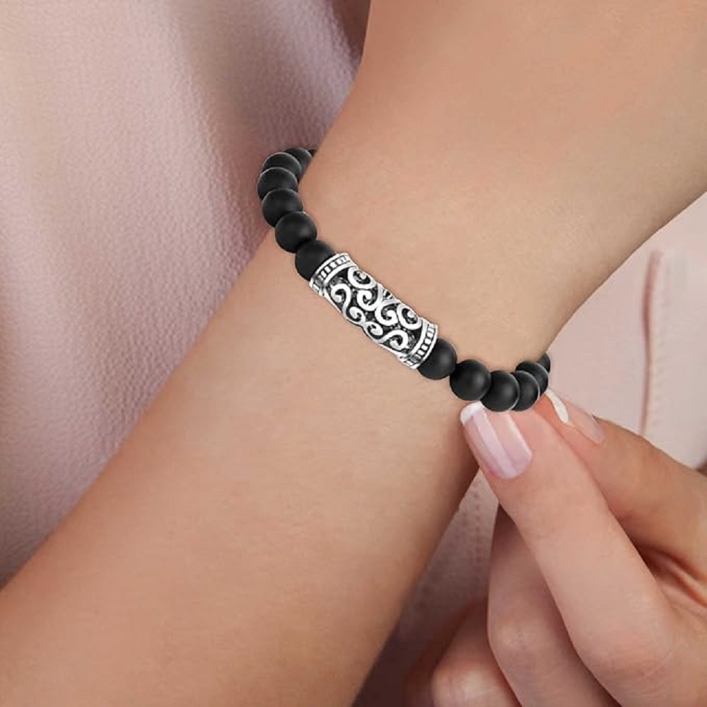 Armband mit Edelstahl-Kreuz – 8mm Matte Onyx Perlen, elastisches Gummiband