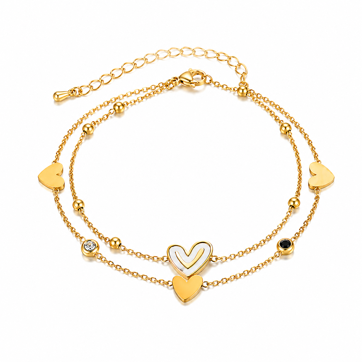 Fußkette mit Anhänger Gold Edelstahl – Doppelreihig mit Herz & Smiley aus Natur Perlmutt
