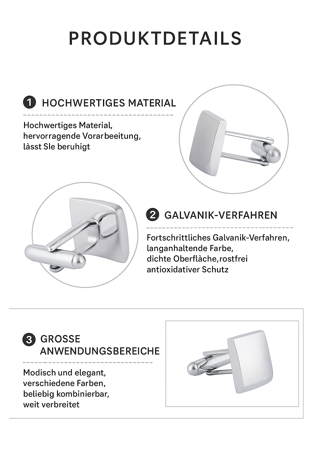 Manschettenknöpfe Quadratisches Design, Edelstahl in Silber/Gold, Glänzend poliert