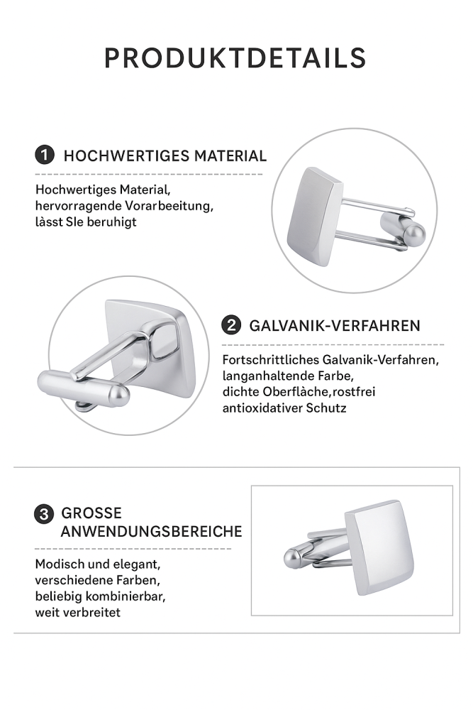 Manschettenknöpfe Quadratisches Design, Edelstahl in Silber/Gold, Glänzend poliert