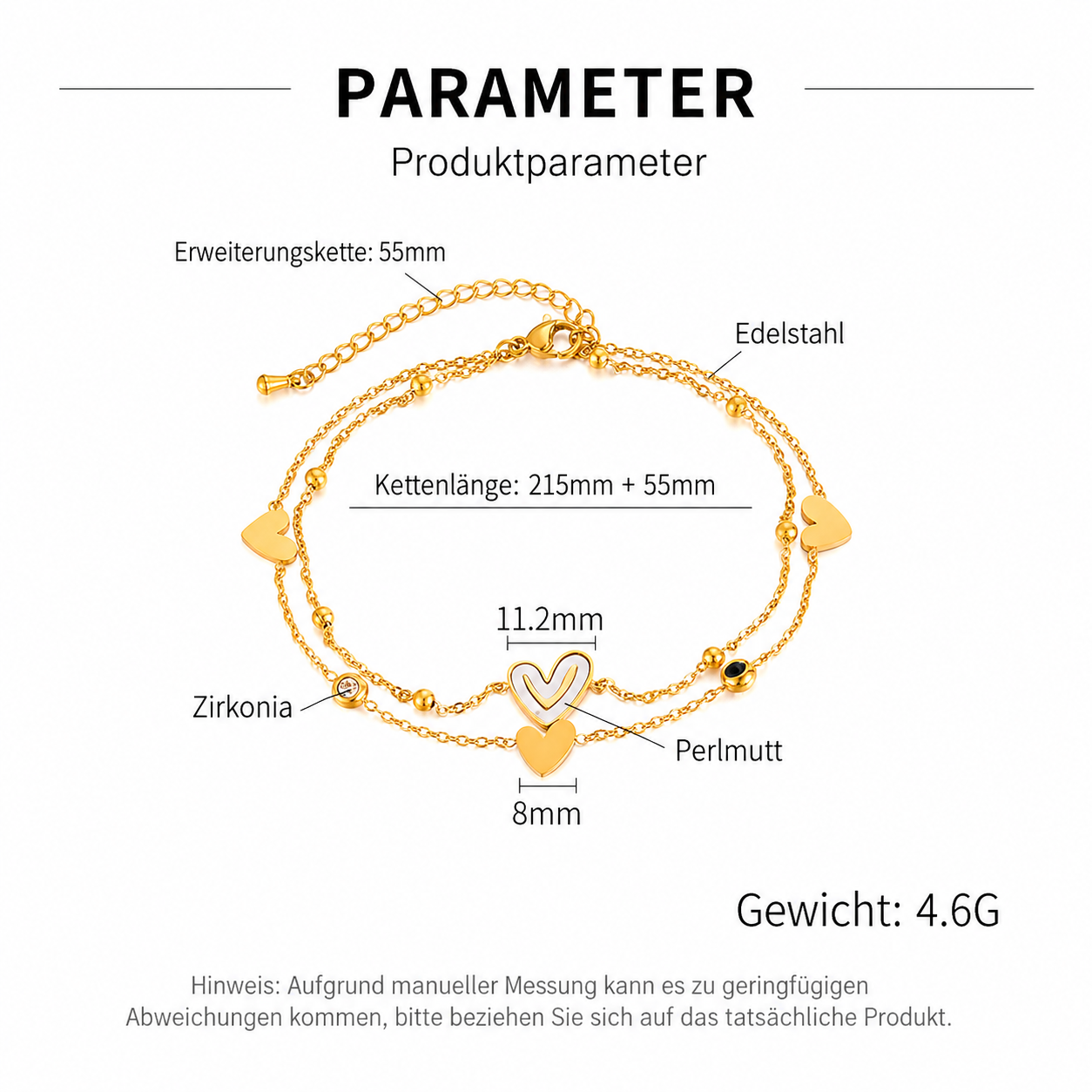Fußkette mit Anhänger Gold Edelstahl – Doppelreihig mit Herz & Smiley aus Natur Perlmutt