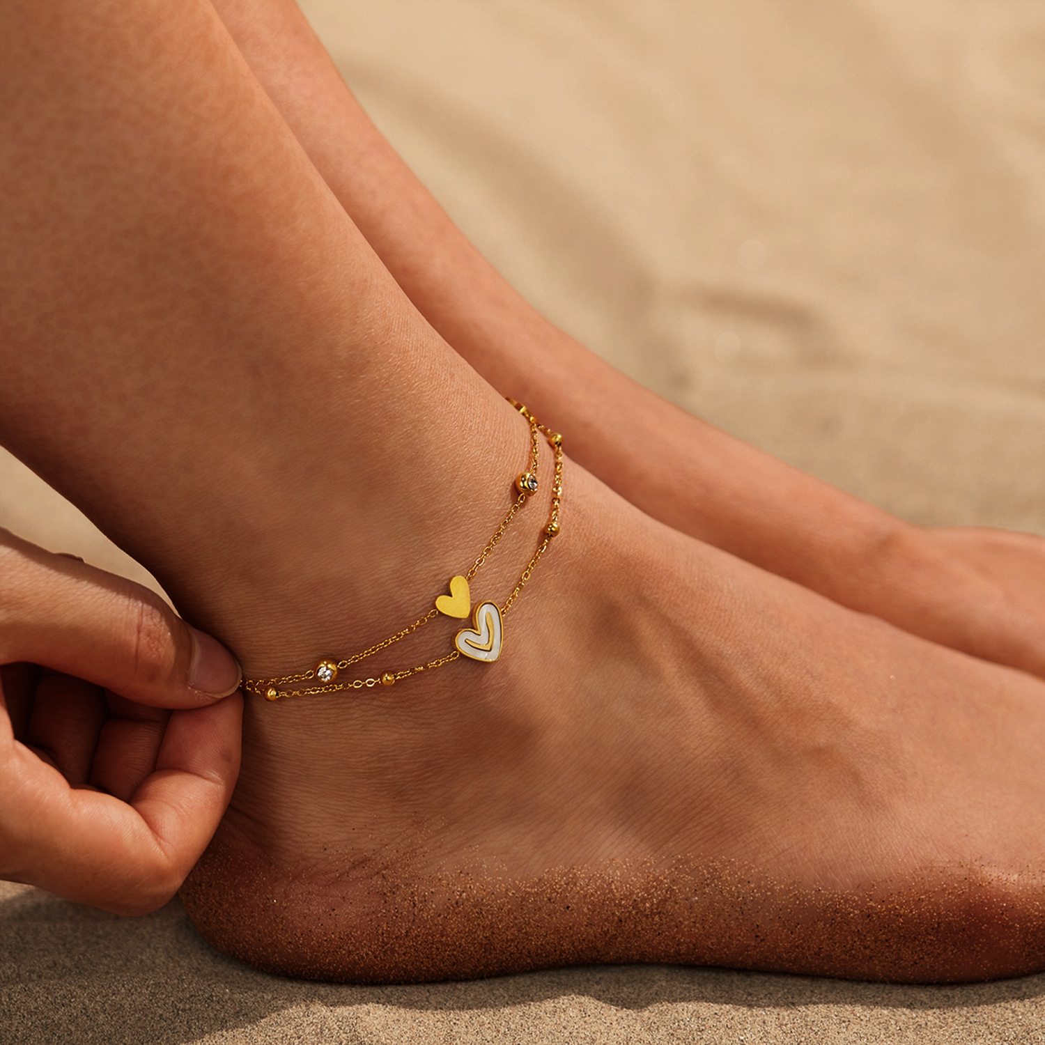 Fußkette mit Anhänger Gold Edelstahl – Doppelreihig mit Herz & Smiley aus Natur Perlmutt